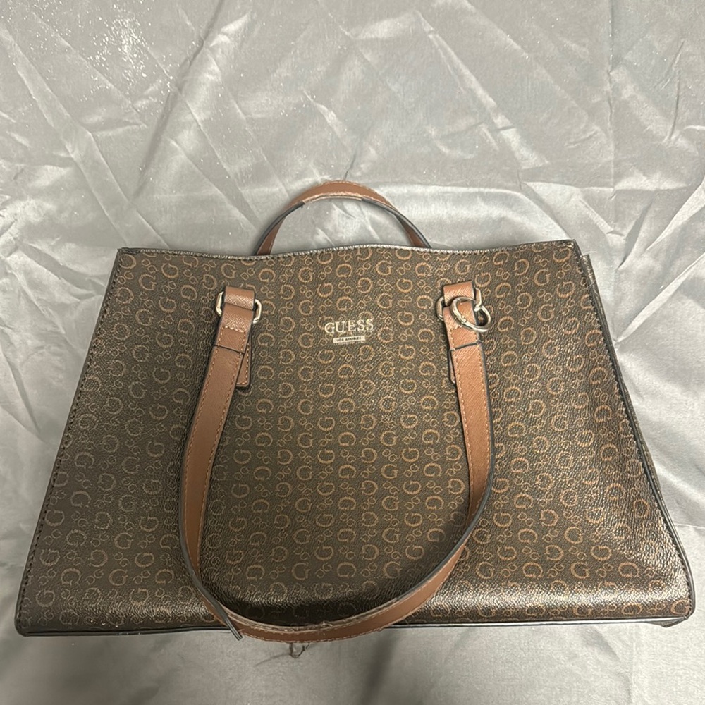 Guess Brown Monogram Tote Bag with Leather Trim